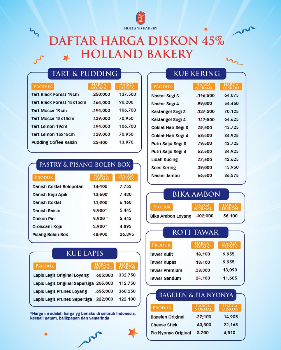 Holland Bakery Diskon 45% 🍞 🗓️ Hanya 28 Januari 2023 ⏰ Holland Bakery buka mulai jam 07:00 • Berlaku untuk seluruh produk • Tidak dapat digabung promo lain • Hanya berlaku pembelian langsung