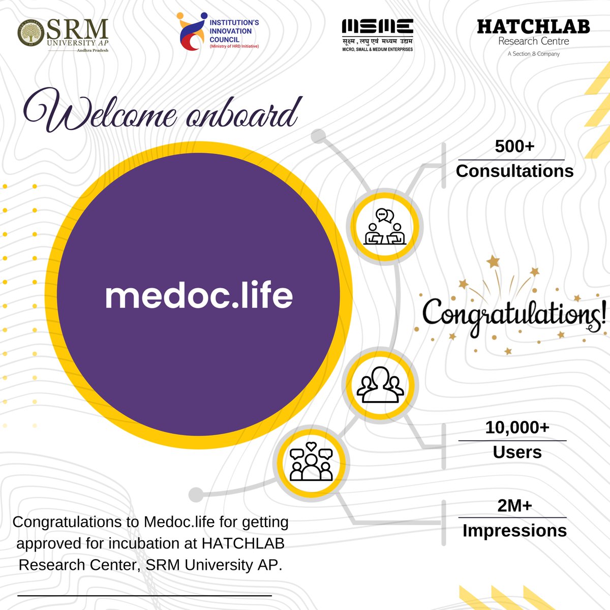 SRMUAP's tweet image. We are delighted to welcome medoc.life into the #HATCHLAB Research Centre for incubation. It is an Indian #digitalhealth company that provides confidential online medical consultations and authentic medical certificates from licensed doctors within 60 minutes.