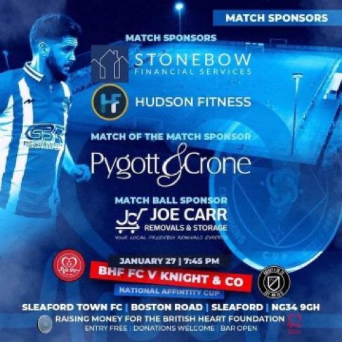 If you can tonight come down and support <a href="/fc_bhf/">BHF FC ⚽️❤</a> be great to get as many people down to Sleaford to support the team and help raise funds for another great charity. <a href="/PygottandCrone/">Pygott & Crone</a> <a href="/gary_burr/">Gary Burr ❤️</a> <a href="/jasperCaudwell/">Jasper Caudwell</a> <a href="/jaspland/">Jamie Aspland</a>