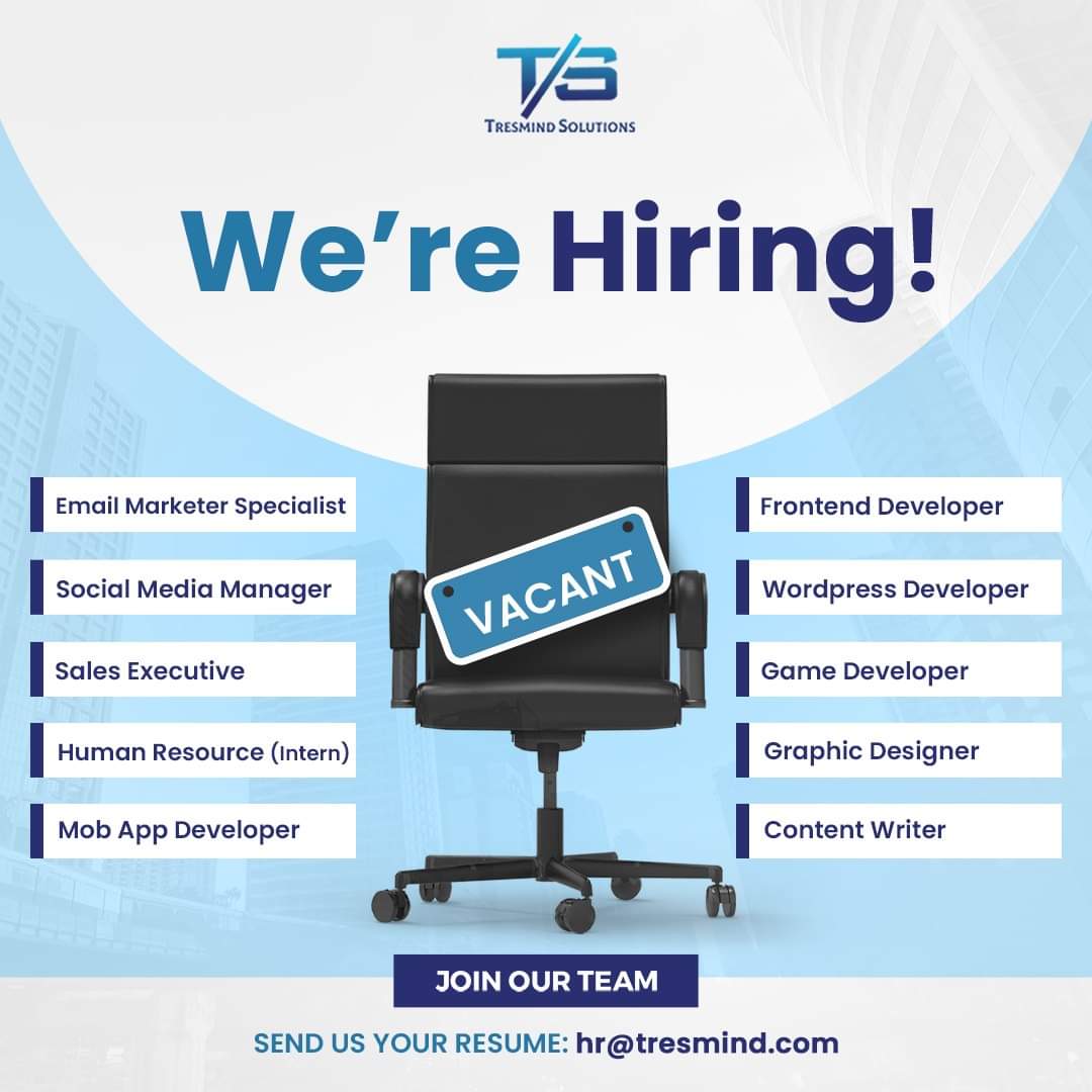 tresmindsol's tweet photo. Tresmind Solutions is on the hunt of suitable candidates to fill in the vacant spots for our office in Gulshan-e-Iqbal, Karachi, Pakistan.

Are you the right fit? 
Apply away!

Positions:
1. Email Marketer Specialist
2. Sales Executive
3. Social Media Manager https://t.co/mommQMzUVP