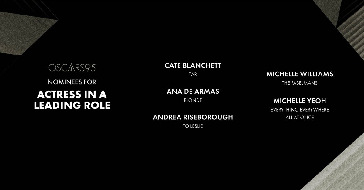 AngTerTer's tweet photo. #AngRanking: BEST ACTRESS

1. Michelle Yeoh, EEAAO
2. Cate Blanchett, Tár
3. Ana de Armas, Blonde
4. Andrea Riseborough, To Leslie
5. Michelle Williams, The Fabelmans
Shoulda been here: Mia Goth, Pearl; Tang Wei, Decision to Leave

#Oscars #Oscars95 #Oscars2023 https://t.co/YpyhPxT8eJ