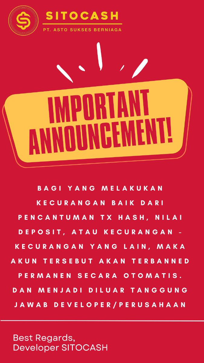 SitocashNetwork's tweet photo. Pemberitahuan Penting‼️
#SICASH akan menindak segala kecurangan secara automatis!
#SICASH will automatically BAN any account for wrongdoings! https://t.co/9GbfOvZvzQ