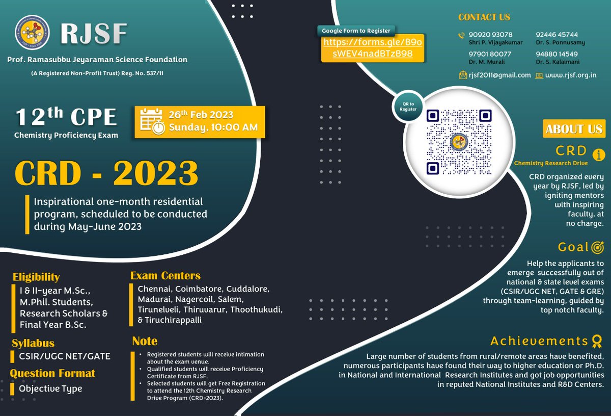 RjsfOfficial's tweet photo. The members and mentors of RJSF proudly announce the 12th year CHEMISTRY RESEARCH DRIVE Program (CRD-12) for aspiring chemistry students.
Registration link
https://t.co/cPDWLH7MYg
#ProfRamasubbuJeyaramanScienceFoundation #RJSF #RJSF_CPE2023 @narendramodi @mkstalin https://t.co/2JLIr49OfN