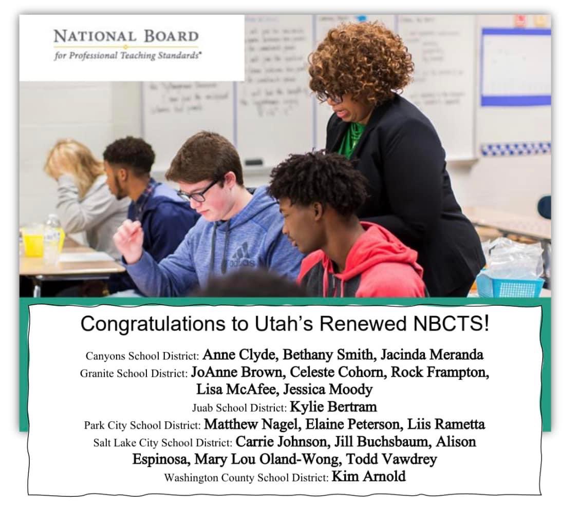 Congratulations to our new and renewed NBCTs! #NBCTstrong #Team#NBCT @jordandistrict @GraniteSchools @ProvoSchoolDist @parkcityschools @canyonsdistrict @JuabSD @slcschools