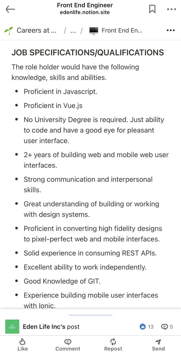 reetahUzoma's tweet image. I saw the open frontend engineering role at edenlife and I immediately knew that the hiring manager that wrote the JD and Job specification is sound!
If only I was proficient with Vue too! Lord knows that I would do anything to work under @unicodeveloper 😔