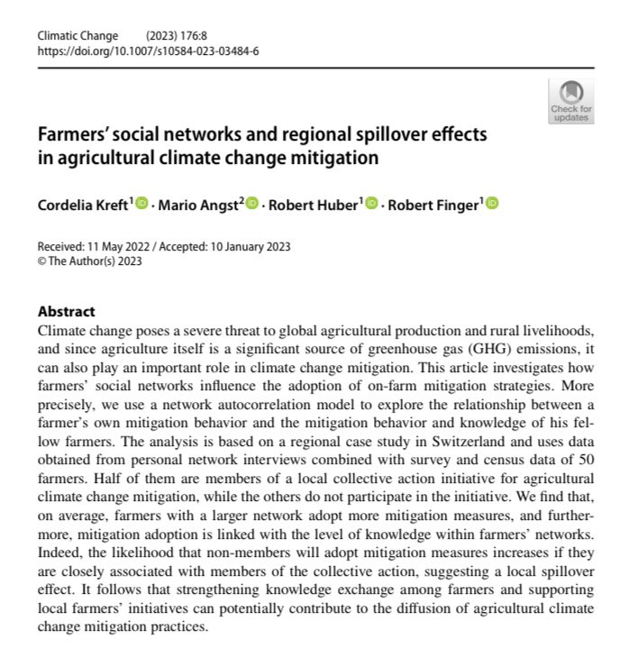 ICYMI: ‚Farmers’ social networks and regional spillover effects in agricultural climate change mitigation‘

New paper led by <a href="/co_sophi/">Cordelia Kreft</a> w @robehube &amp; @mario_angst_sci in <a href="/ClimaticChange_/">Climatic Change Journal</a> 

link.springer.com/article/10.100…