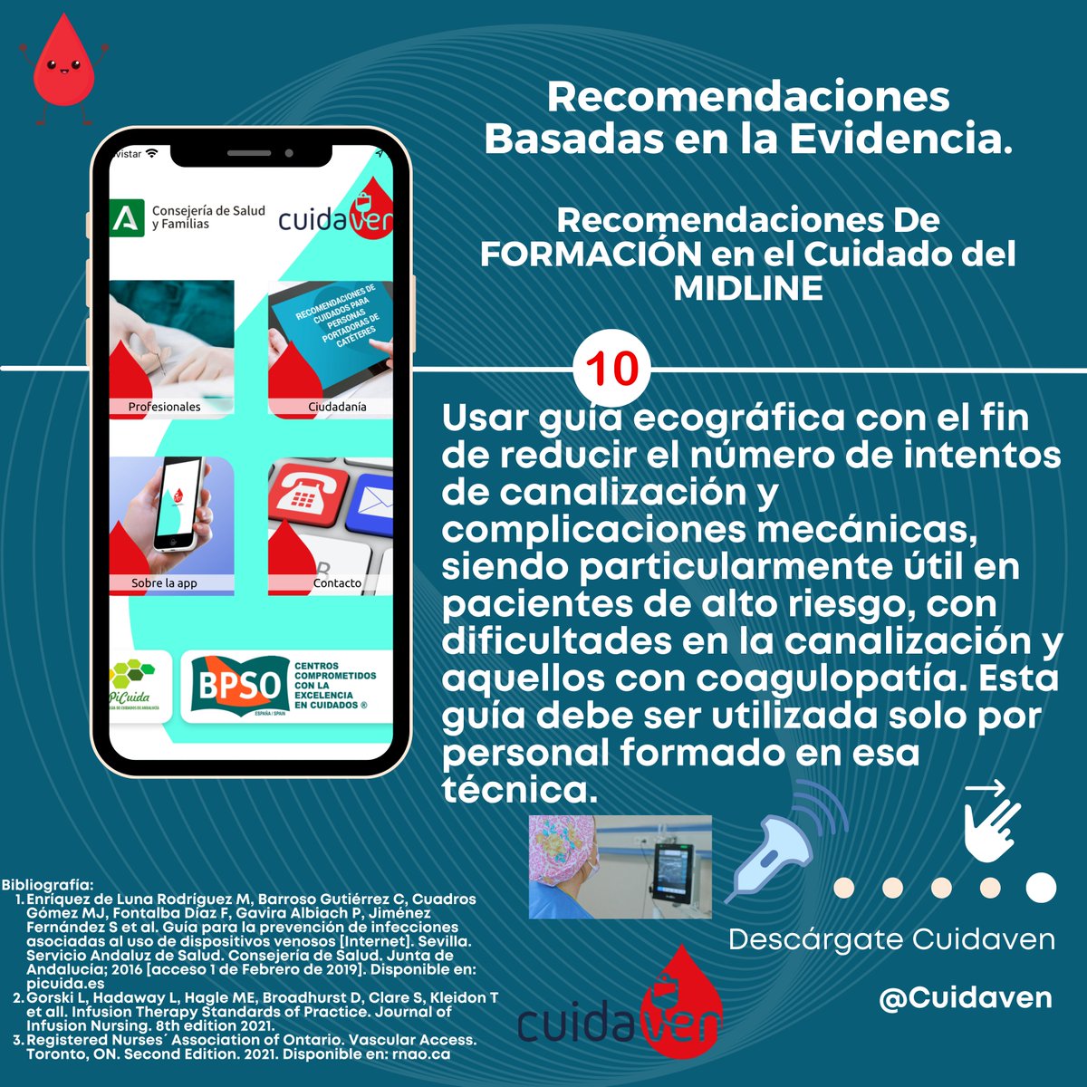 cuidaven's tweet image. 📲🩸#10díasderecomendaciones #Día10

✅ #Guiafase, #INS y @RNAO recomiendan el uso de la ecografía para la canalización de un MIDLINE, pero por profesionales formados.

#prácticabasadaenlaevidencia #cuidaven #bpsoandalucía