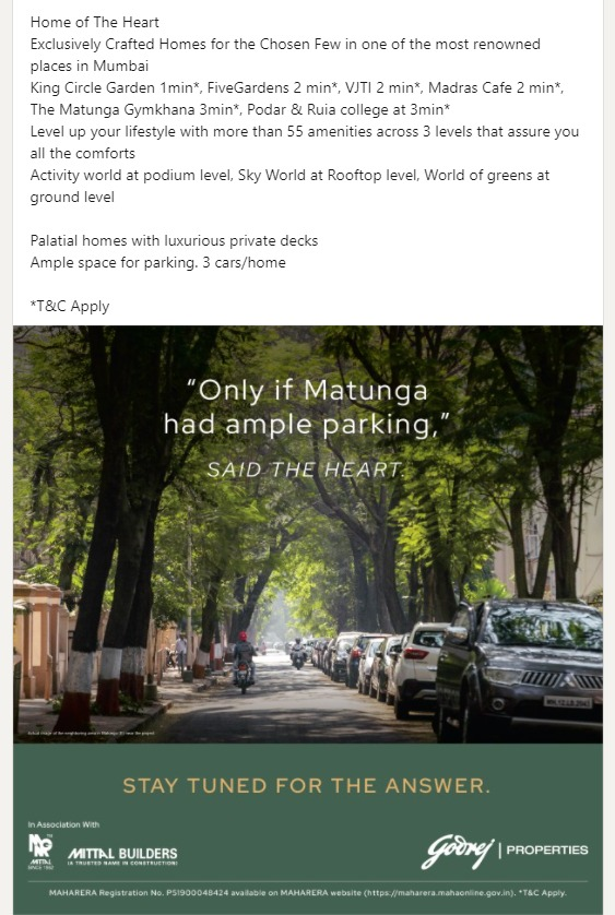 VishalBhargava5's tweet photo. Matunga set to see the entry of Godrej Properties.  Joins Lodha and Rustomjee in eyeing that market. 
Notice the feature of parking in the below advertisement: 3 cars per home. https://t.co/x5GcJlLglj