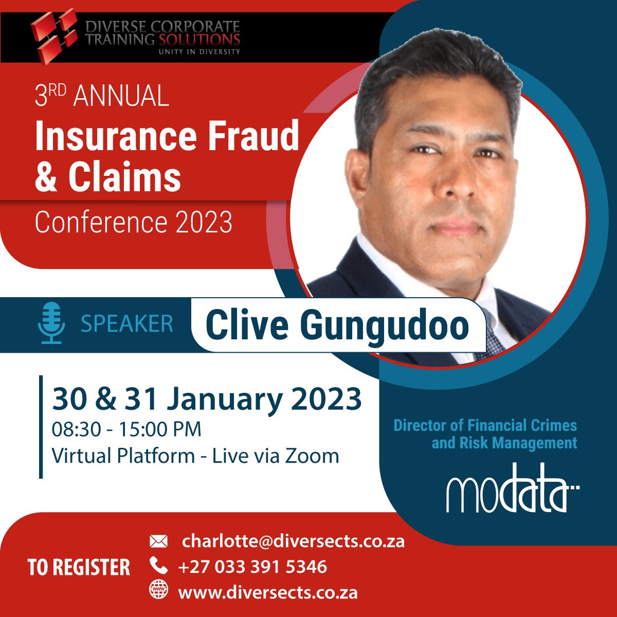 modata_com's tweet image. Clive Gungudoo speaks on the Five Fraud Solutions every insurer should have in place at the 3rd Annual Insurance Fraud &amp;amp; Claims Conference

To register for the event, please confirm your attendance with charlotte@diversects.co.za

#InsuranceFraud #FraudSolutions #FraudPrevention