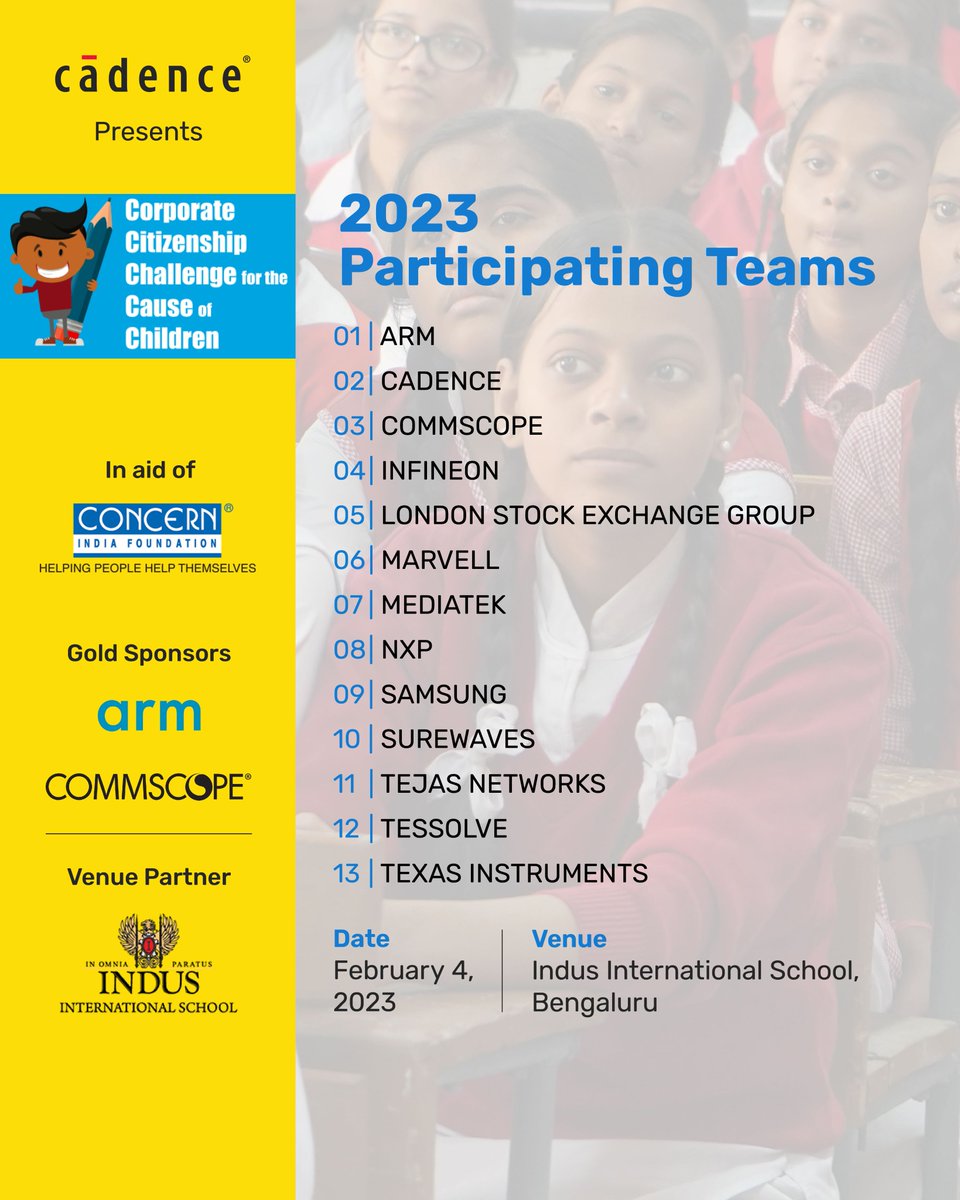 CadenceIndia's tweet image. We are excited to bring back the most awaited inter-corporate sports competition, the Corporate Citizenship Challenge for the Cause Of Children (5Cs). 
@ConcernIndia_  @Arm  @CommScope  
#ConcernIndiaFoundation #CommunityDevelopment #skilldevelopment #education #sports