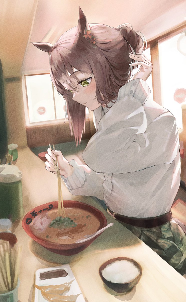 fine motion (umamusume) 1girl solo animal ears horse ears bowl chopsticks brown hair  illustration images