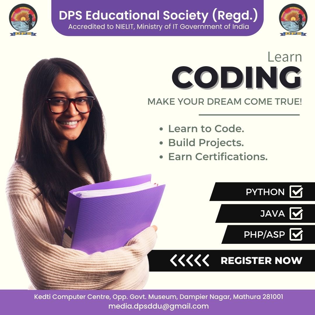 dps_society's tweet photo. Learn Coding 

For details, reach us at - +91- 8218527618 or write us at media.dpsddu@gmail.com or visit us at Kedti Computer Centre, Opp. Govt. Museum, Dampier Nagar, Mathura
#InvestInKnowledge #ComputerTraining #LearnCoding #BestInstituteInMathura #ComputerInstituteInMathura https://t.co/2Cv0QRRyrU