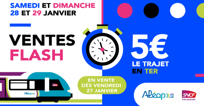 TERPays2LaLoire's tweet photo. [#VentesFlash] ⏳ Dès ce vendredi, vos billets coûtent 5€ par trajet, pour voyager samedi 28 et dimanche 29 janvier en #TER dans l'ensemble de la région #PaysdelaLoire. Les #VentesFlash démarrent maintenant, et c'est pas ici ! ⤵️