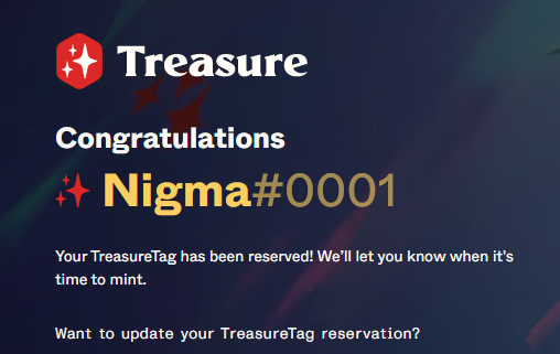 My_Nigma's tweet photo. Listen up $Magic and @Treasure_DAO fam. Make sure you go and get your #Treasuretag. This is your ticket to having a global game profile for any future projects dropping in the ecosystem. Stand out from the rest of the crowd!
https://t.co/fKSK2Gjgjo https://t.co/VyuDznqAL8