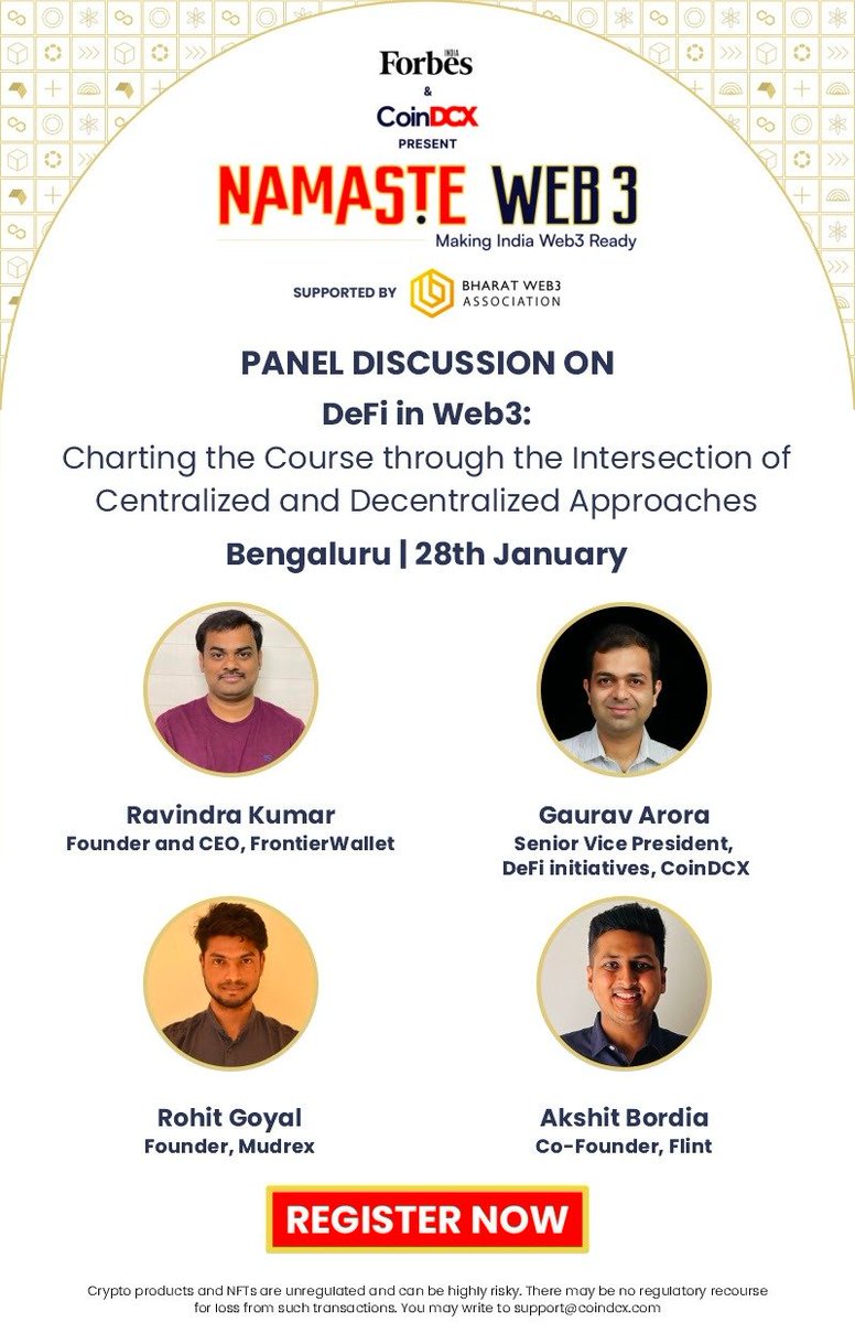 Web3 is rapidly evolving and DeFi is one of the most exciting areas in this space

Excited to be part of this panel discussion at #NamasteWEb3 with @ravidsrk @imrgoyal & @AkshitBordia to discuss the future of DeFi, the challenges right now & the impact of DeFi on tech and economy