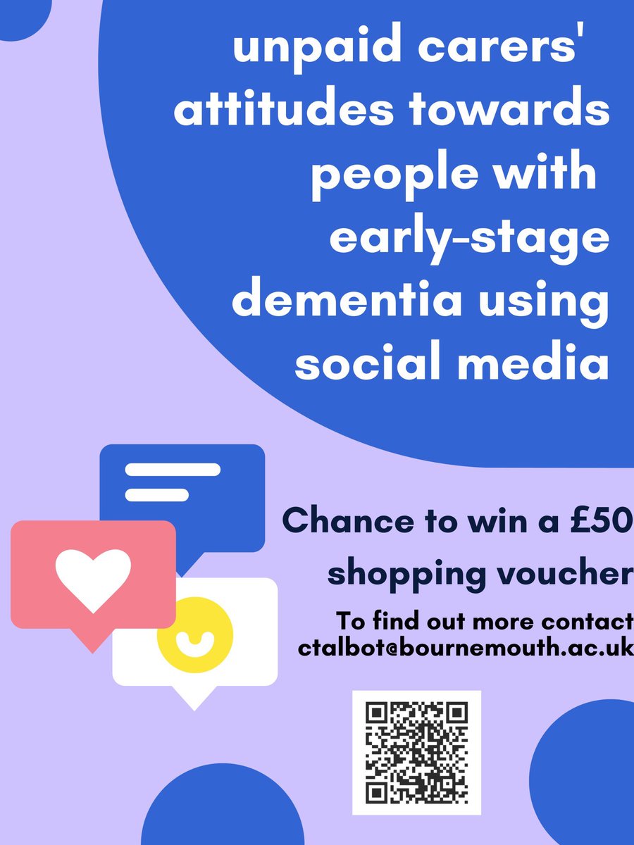 Dr Catherine Talbot (@catherinetalb) on Twitter photo Do you provide unpaid care for a person living with dementia and live in the UK? 🇬🇧
We are conducting an online survey that explores unpaid carers' attitudes towards people with early-stage dementia using social media.
Follow this link to take part 👇👇 bournemouthpsych.eu.qualtrics.com/jfe/form/SV_09… Do you provide unpaid care for a person living with dementia and live in the UK? 🇬🇧
We are conducting an online survey that explores unpaid carers' attitudes towards people with early-stage dementia using social media.
Follow this link to take part 👇👇 bournemouthpsych.eu.qualtrics.com/jfe/form/SV_09…