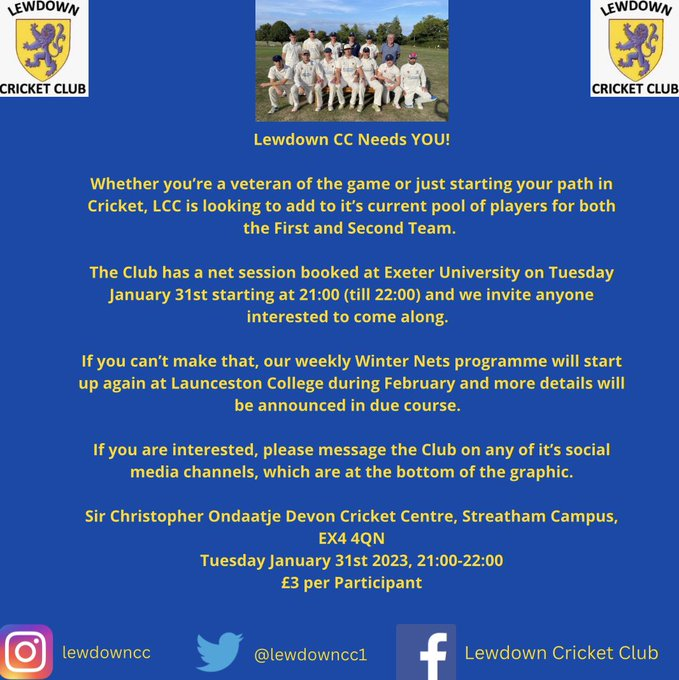 🏏 2023 RECRUITMENT 📣
Young or old, experienced or never played the game - it doesn’t matter <a href="/LewdownCC1/">Lewdown CC</a>  are looking for new players! 
Please see image below for all the information.
Hope to see some of you soon! 
#ff #DevonCricket <a href="/DevonCricket/">Devon Cricket Foundation</a> <a href="/swsportsnews/">South West Sports News</a> <a href="/CornwallCricket/">Cornwall Cricket</a>