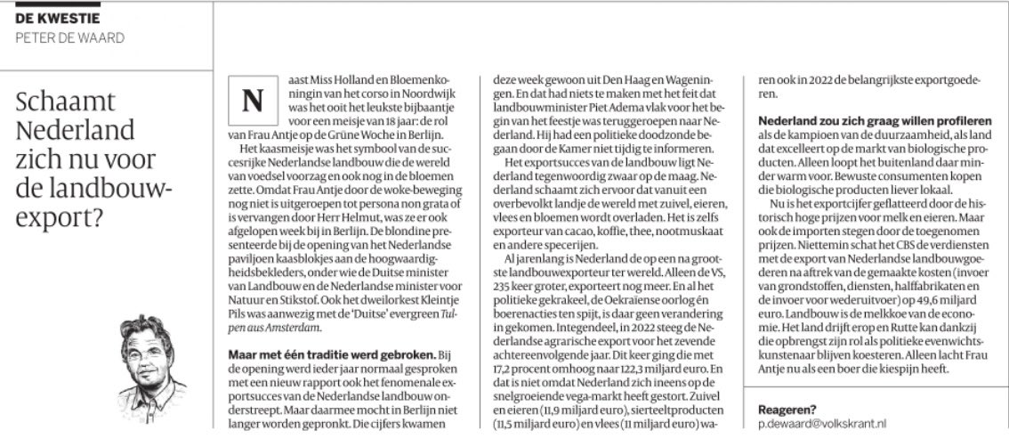 Inderdaad, om trots op te zijn! Met €122 mrd aan export en €50 mrd bijdrage aan ons nat. ink. is de agri &amp; food sector een kurk waar NL op drijft. Voorziet veel mensen van een primaire levensbehoefte en doet dat ook nog eens heel efficiënt qua ruimte, grondstoffen en uitstoot.
