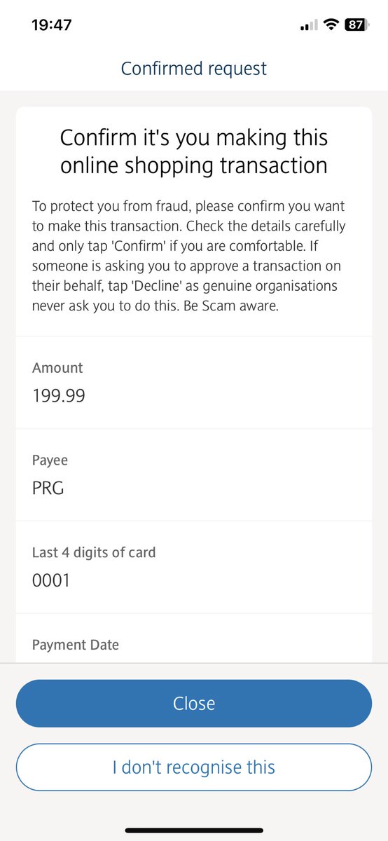 lucysarah92's tweet photo. @Barclaycard I’ve tried this and it takes me to a key pad where I have enter my app pin and then you do that and all you get is the option to close or say ‘I don’t recognise this’ https://t.co/xomXh0pnCz