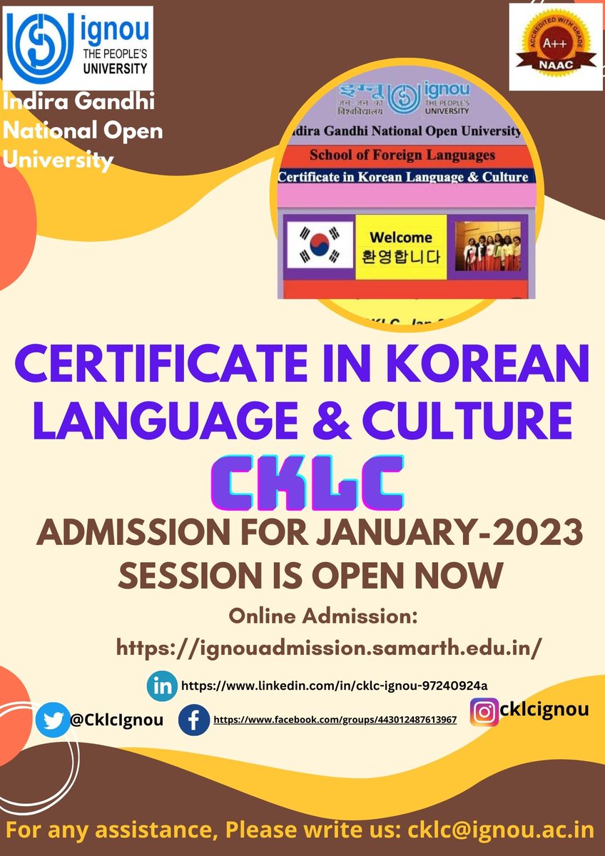 Certificate in Korean Language &amp; Culture (CKLC) Programme - January 2023 Admission 
#ignou, #ignourcmadurai