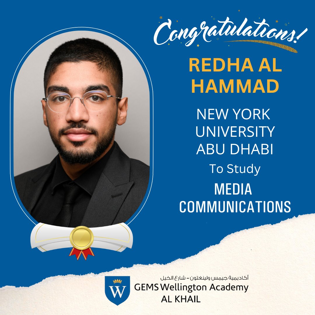 gems_khail's tweet photo. Hats off to Redha Al Hammad for his offer from New York University Abu Dhabi, which welcomes students from over 120 countries. Well done Redha!

#universityoffer #weksuccess #weksixth #limitlesspossibilities @GEMS_ME https://t.co/upyTV1XjOU