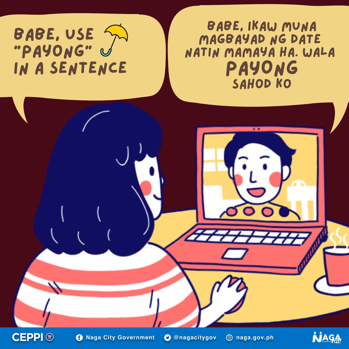 nagacitygov's tweet photo. Babe A: "Babe, use 'PAYONG' in a sentence." 🌂
Babe B: "Babe, ikaw muna mag-bayad ng date natin mamaya ha? Wala PAYONG sahod ko."
Babe A: *🙄🆗*
Kaya ngayong tag-ulan, siguraduhin pa rin magdala ng payong kahit wala PAYONG sahod. ☔
#SadPeroSafe #Payong #NagaNa https://t.co/tksmhyVqZi