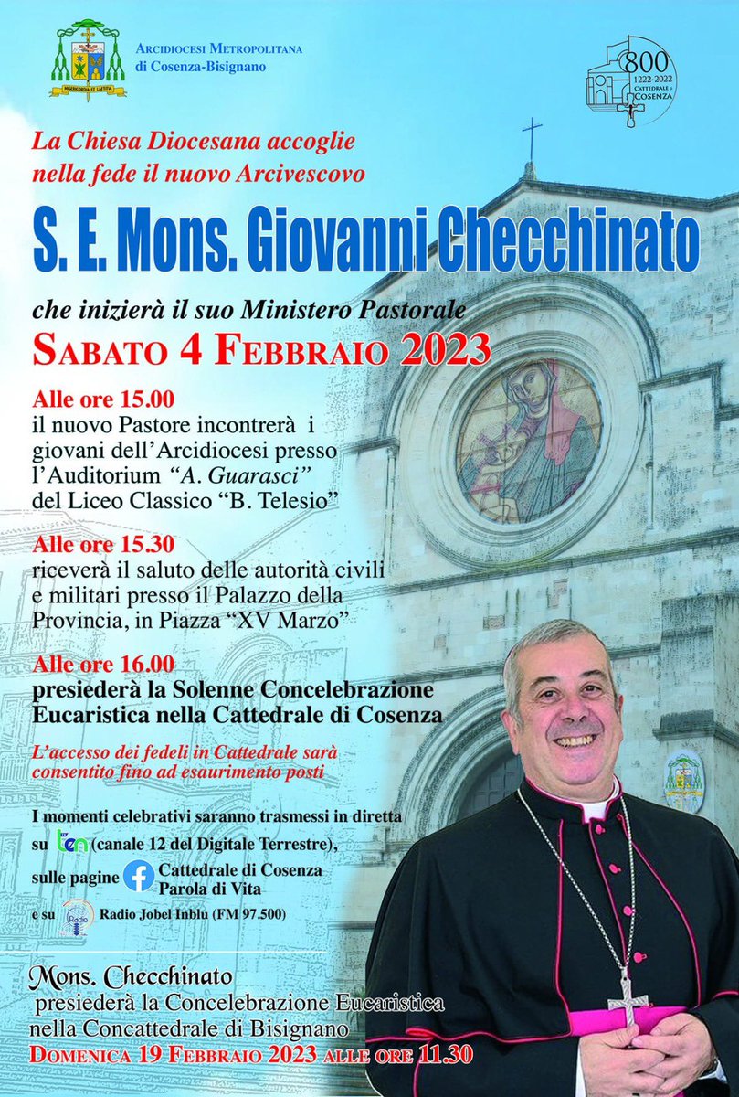 acri_antonio's tweet photo. #CosenzaAttende #VescovoGiovanni il 4 febbraio l’ingresso a Cosenza del vescovo Checchinato @checchinato_j https://t.co/t1vUtId2JF