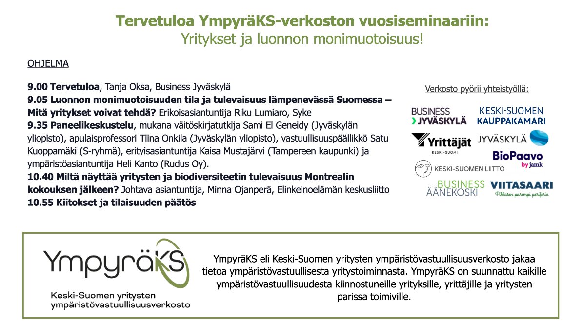 Juuri nyt alkamassa Keski-Suomen yritysten ympäristövastuullisuusverkoston @YmpyraKS  vuosiseminaari!

Fasilitoin paneelikeskustelun, jossa mukana mainio porukka <a href="/TOnkila/">Tiina Onkila</a> <a href="/jyu_jsbe/">JSBE Jyväskylän yliopiston kauppakorkeakoulu</a>  <a href="/Satu_Ku/">Satu Kuoppamäki</a> <a href="/sryhma/">S-ryhmä</a>  <a href="/KaisaMustajarvi/">Kaisa Mustajarvi</a> <a href="/Tamperekaupunki/">Tampereen kaupunki</a>  ja Heli Kanto @RudusOy