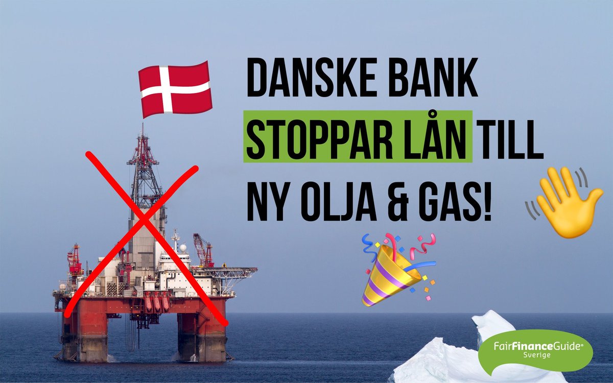 ÄNNU EN BANK FIMPAR FOSSILJAKTEN!! 💚🌍
Efter vår granskning och tusentals protestmejl har <a href="/DanskeBankSE/">Danske Bank Sverige</a> beslutat att stoppa lånen till expanderande oljebolag 👏🥳
Det är andra storbanken i Norden - när följer <a href="/SEB/">Seb Chevillet</a>, <a href="/Nordea_SE/">Nordea Sverige</a> &amp; <a href="/Swedbank/">Swedbank Sverige</a> efter? Läs mer 👉 bit.ly/3GXoC76