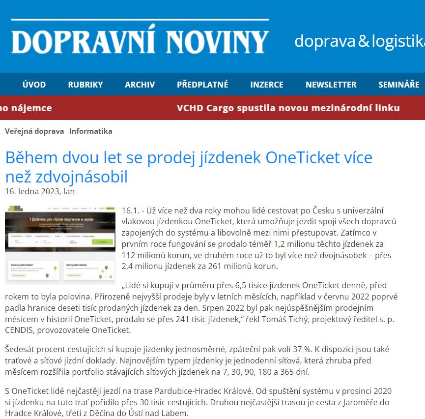 cendiscz's tweet image. Našemu projektu #oneticket se daří a roste.📈🙂 Děkujeme, že si toho všímáte @Zdopravy , @DNoviny , @eLogistika a další!