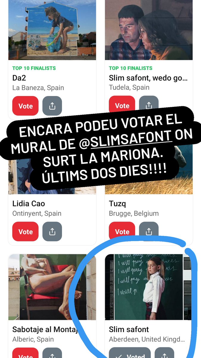 Encara queden un parell de dies per votar el millor mural del món del 2022. Ens ajudeu que el del @SlimSafont, on hi ha pintada la meva filla Mariona, entri al top ten?