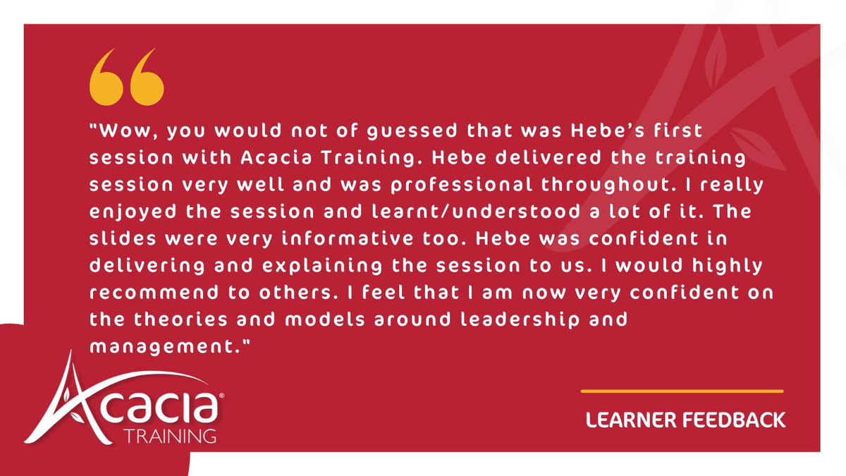 Acaciatraining's tweet photo. When we received this wonderful leaner feedback about our Teaching & Learning Practitioner, Hebe Francesca Mills, we knew that we just had to share it.
Thank you Hebe and keep up the great work.
#AcaciaTraining #EducationForAll #LearnerFeedback #UnleashYourPotential #ThankYou https://t.co/IkfzbR6NLq
