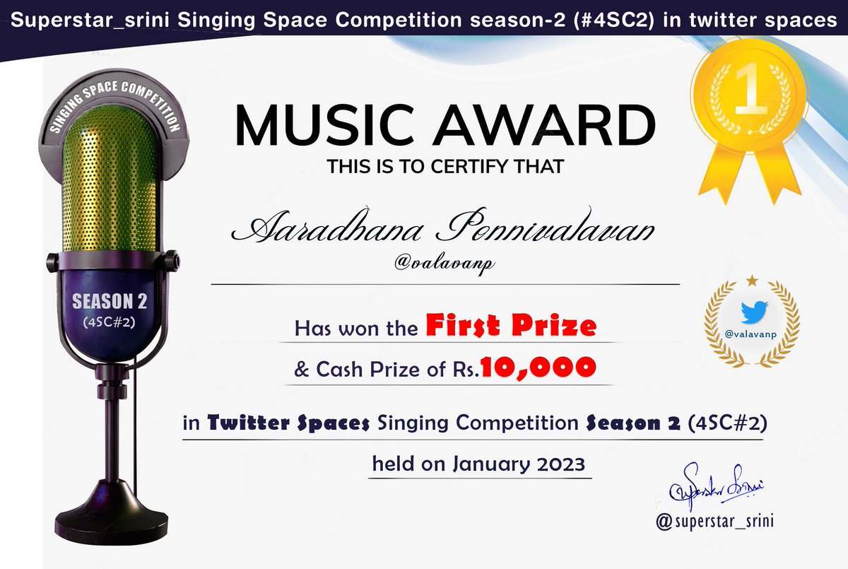 superstar_srini's tweet photo. Superstar_srini Singing Space Competition season-2 (#4SC2):
Official Result announcement:
1. First Prize - Aarathana Ponnivalavan 
2. Second Prize - Dhinesh 
3. Third Prize - Shahithya 
Congratulations to everyone 😍💖
🎵🎼🎶🎶🎙💕💕💕💕 https://t.co/KGfHqfAFEy