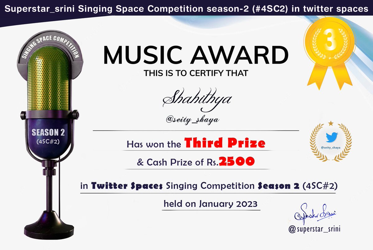 superstar_srini's tweet photo. Superstar_srini Singing Space Competition season-2 (#4SC2):
Official Result announcement:
1. First Prize - Aarathana Ponnivalavan 
2. Second Prize - Dhinesh 
3. Third Prize - Shahithya 
Congratulations to everyone 😍💖
🎵🎼🎶🎶🎙💕💕💕💕 https://t.co/KGfHqfAFEy