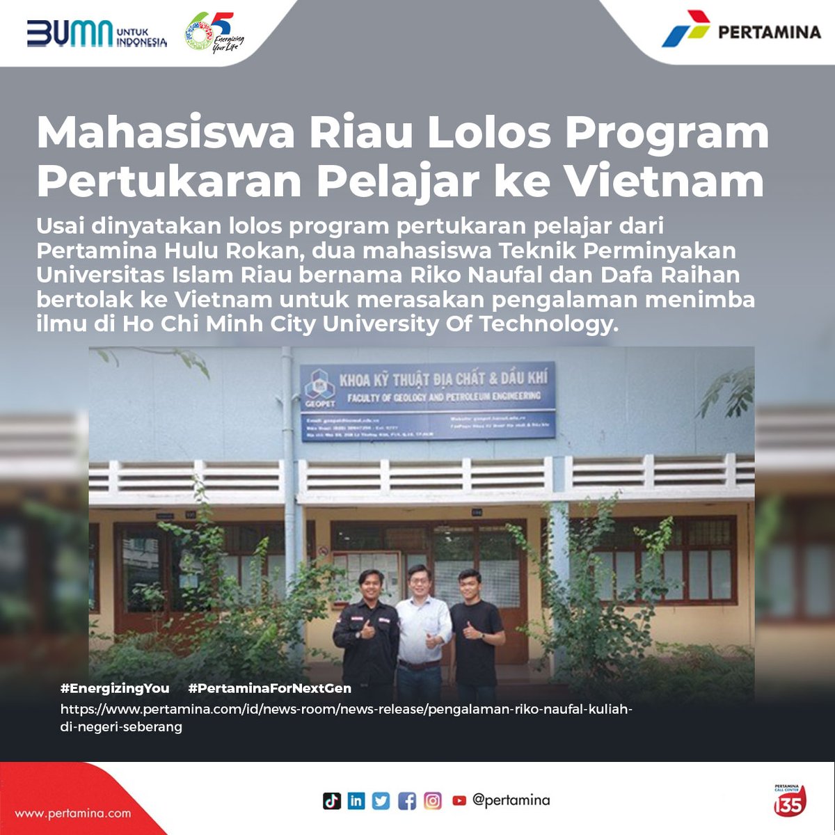 pertamina's tweet photo. Pertamina Hulu Rokan dukung mahasiswa Riau terpilih untuk memperkaya ilmu software simulasi analisa kinerja sumur migas sampai ke Negeri Naga Biru!
πhttps://t.co/EIvTDpxtLp
Kalau diberi kesempatan, Sobat ingin belajar ke negara mana? π€
#EnergizingYou
#PertaminaforNextGen https://t.co/o6H8em4rqn