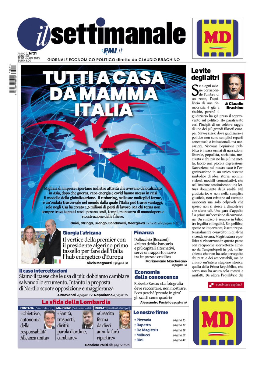 PMI_it's tweet photo. Sulla #primapagina del nuovo #IlSettimanale si parla di reshoring e del rientro delle produzioni da Mamma Italia. Ma anche delle #intercettazioni: “Ascoltare le vite degli altri serve dove serve, ma non serve più quando diventa patologia”, ricorda @CBrachino.
#27gennaio https://t.co/HXaPIvncFu