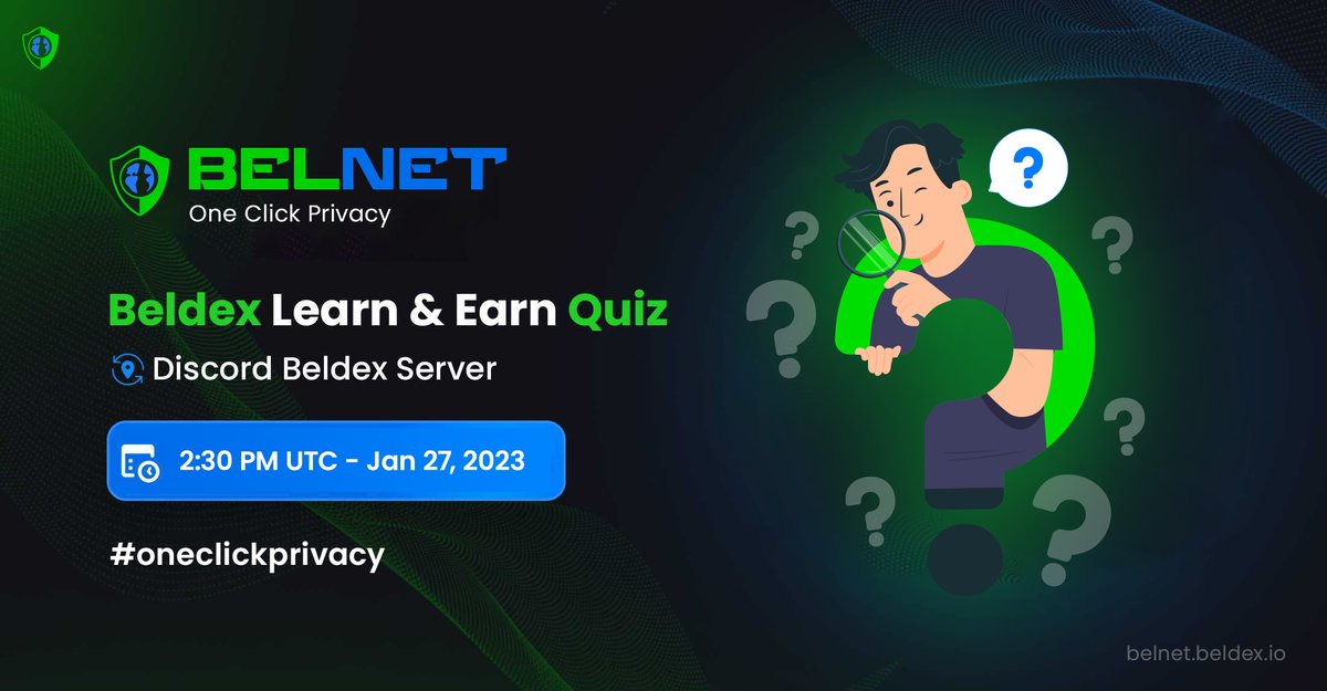 BeldexCoin's tweet photo. Beldex Learn &amp; Earn Quiz 4 🤔❓

📖Topic: BelNet

📍Where? 
Beldex Discord #quiz channel - https://t.co/XZRllJoc7M 

🗓When?
02:30 PM UTC on January 27, 2023 

Learn more about BelNet - https://t.co/oQyVOyzvPN

#BelNet #Quiz #Giveaway #OneClickPrivacy https://t.co/4q9Bdwkwb3
