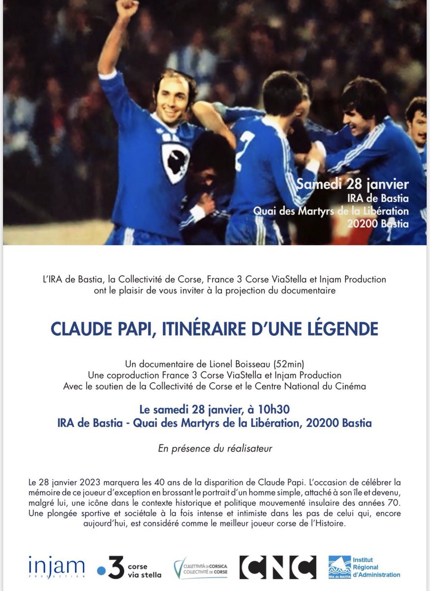 IRAdeBastia's tweet photo. 🔹 À l’occasion des célébrations des 40 ans de la disparition de #ClaudePapi, le documentaire « Claude Papi, itinéraire d’une légende » sera diffusé au sein de l’IRA de Bastia, demain à 10h30.
👉 Entrée libre.
Les personnes intéressées doivent toutefois s’inscrire au 0687119099. https://t.co/ZftkVlHV0M