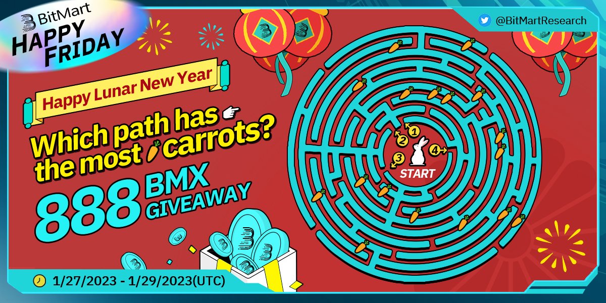 🐰BitMart HAPPY FRIDAY GAME🐰
       🏮Happy Lunar New Year🏮

🤔Which path has the most carrots?
🎁888BMX/50 winners

🔹Follow <a href="/BitMart_zh/">BitMart 币市</a> <a href="/BitMartResearch/">BitMart Research｜$BMX HODLer</a>
🔹RT &amp; Tag 3 frds
🔹Join t.me/BitMartExchang…
🔹Fill the form gleam.io/pZP8z/bitmart-…
#Giveaway #Airdrop #NFT