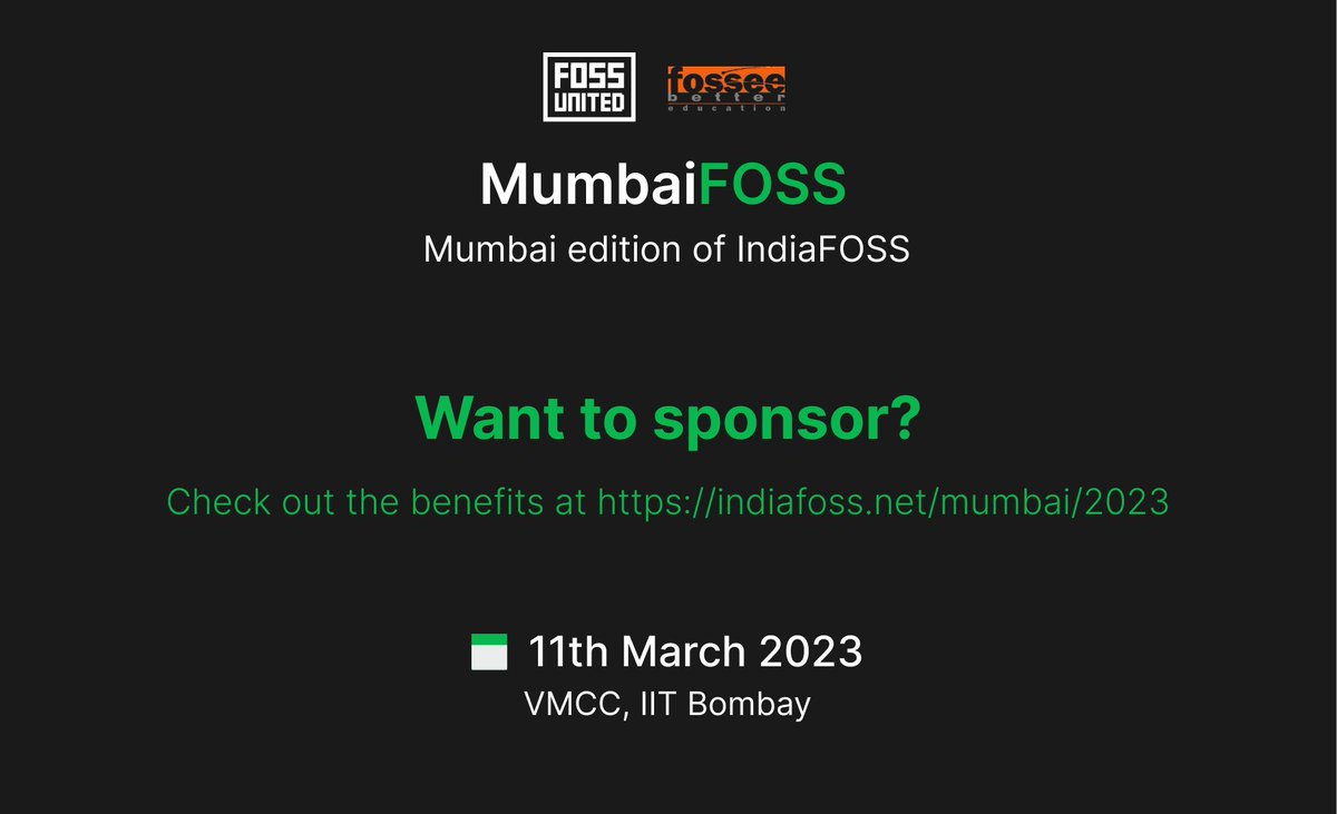 MumbaiFOSS's tweet image. Sponsor listing is now Open for #MumbaiFOSS !!

Want to be a part of Open Source Initiative and join the community? Become a sponsor and help us in taking the event to a whole new level. 

Check out the benefits at indiafoss.net/mumbai/2023

#FOSSEE #opensource #opensourcecommunity