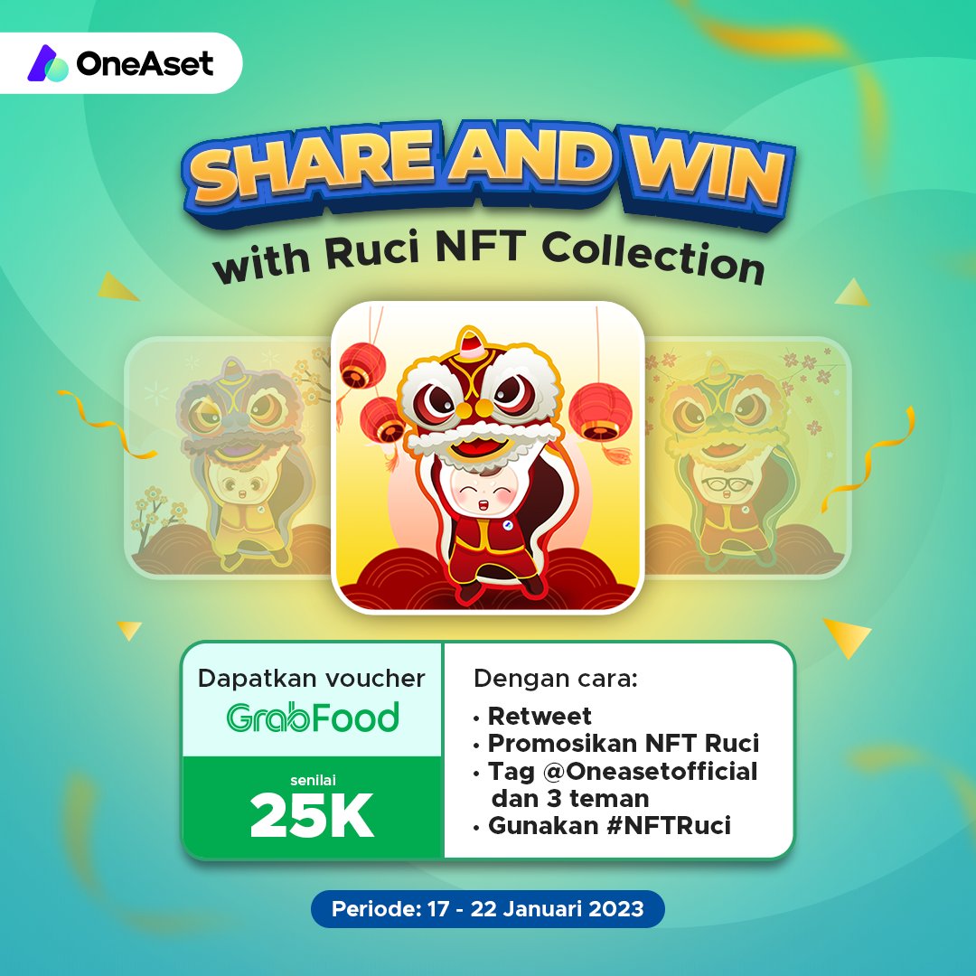 KomunitasCyra's tweet photo. Share NFT Ruci dan menangkan voucher GrabFood 25K

Promosikan NFT Ruci berikut dengan cara:
- Retweet 
- Promosikan NFT Ruci 
- Tag @Oneasetofficial dan 3 teman
- Gunakan #NFTRuci

Periode: 17 - 22 Januari 2023

Jangan lupa follow @oneasetofficial ya! https://t.co/eJDdjQ1uqm