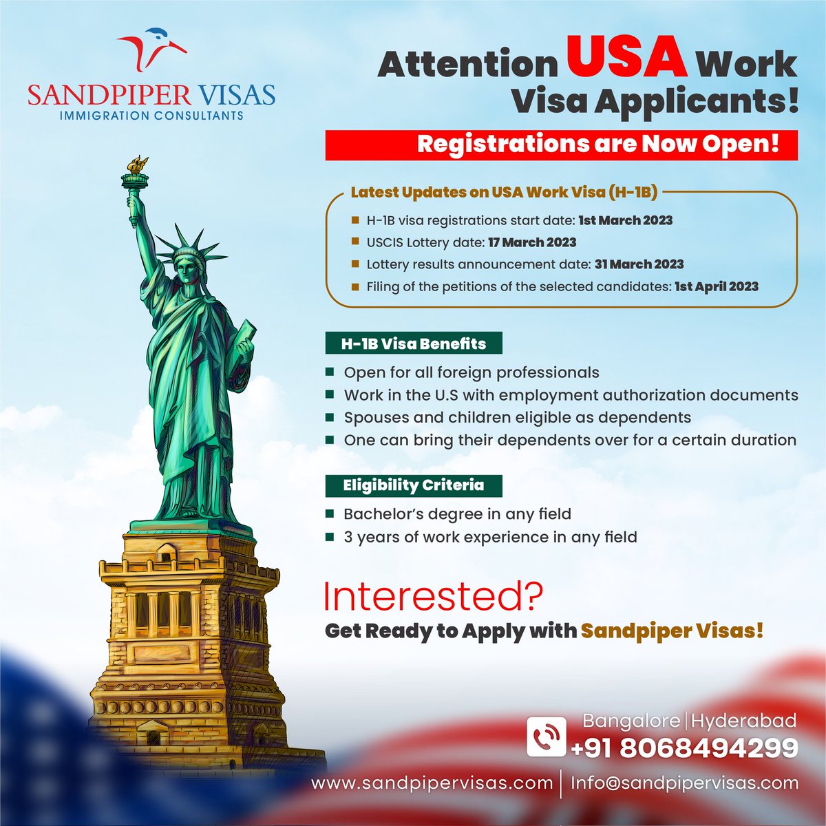 SandpiperVisas's tweet image. Interested in the 2023 US Work Visa H-1B registrations? Follow Sandpiper Visas for the latest update and success-oriented assistance.
Call us: +91 8068494299
Visit: sandpipervisas.com
#sandpipervisas #usmigration #usaworkvisa #workvisa #immigrationconsultants #dreamcountry