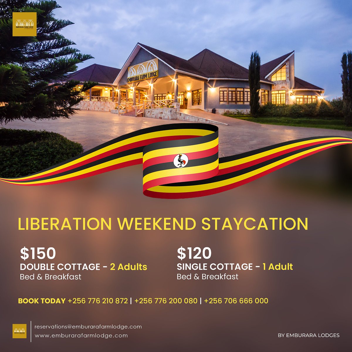 emburara's tweet photo. Enjoy a relaxing #LiberationWeekend staycation on the farm in Mbarara @emburarafarmlodge.
Make your weekend #getaway your best stay: +256 776 210 872 | +256 776 200 080 | +256 706 666 000 or email: reservations@emburarafarmlodge.com
-----
Remember booking is essential. https://t.co/JcZa6Oj1ao