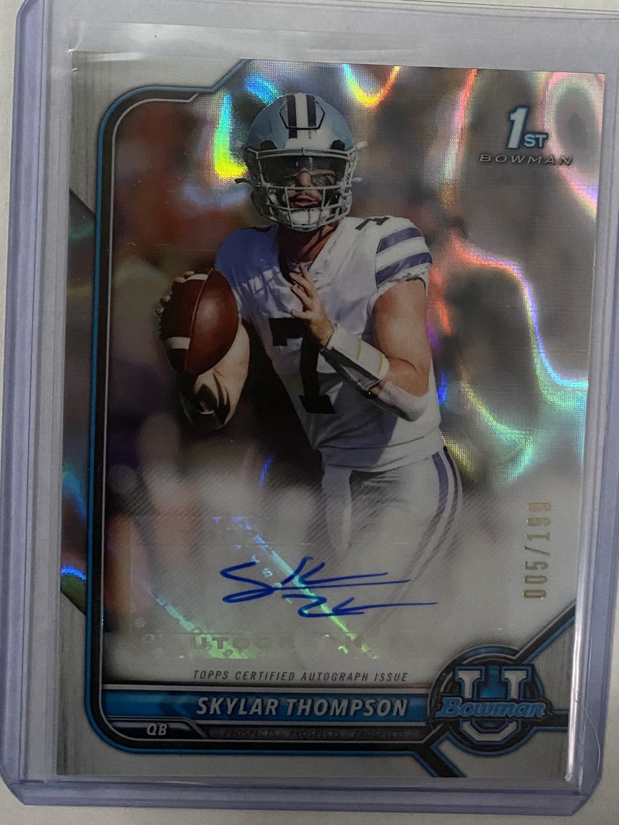 JoshCheek1's tweet photo. @CardPurchaser also same question on this one, 2022 Bowman University Skylar Thompson 1st Chrome Auto Lava Refractor 005/199. Some one shoot me an offer. https://t.co/RAaRgFrJlV