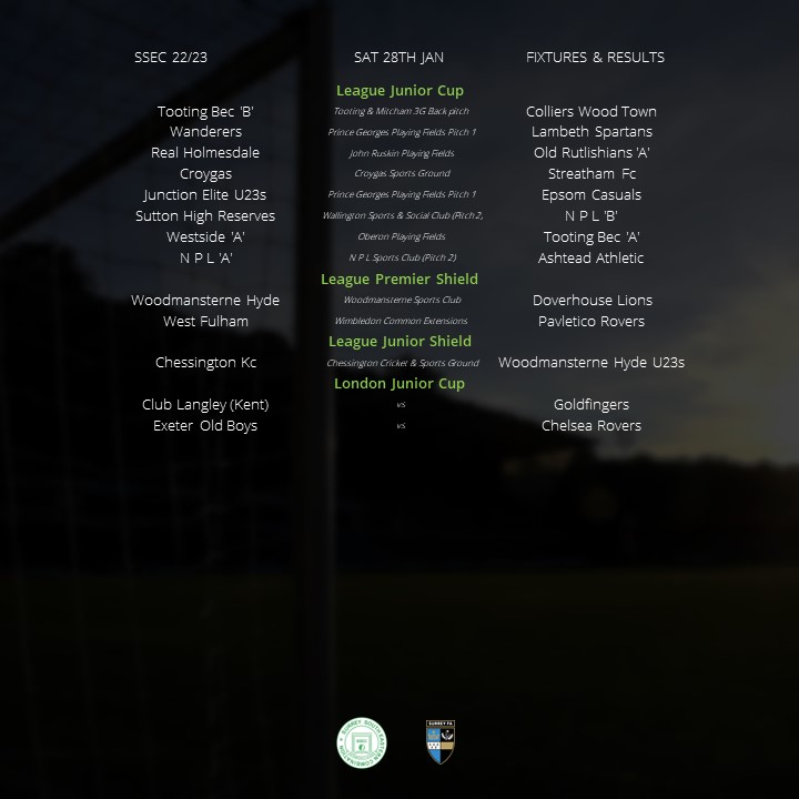 Surrey South Eastern Combination (@ssecfl) on Twitter photo 📅Cup Fixtures for 28th Jan📅
11 games across the league cup and shields while two SSEC clubs play <a href="/LondonFA/">London Football</a> junior cup fixtures🏆 📅Cup Fixtures for 28th Jan📅
11 games across the league cup and shields while two SSEC clubs play <a href="/LondonFA/">London Football</a> junior cup fixtures🏆