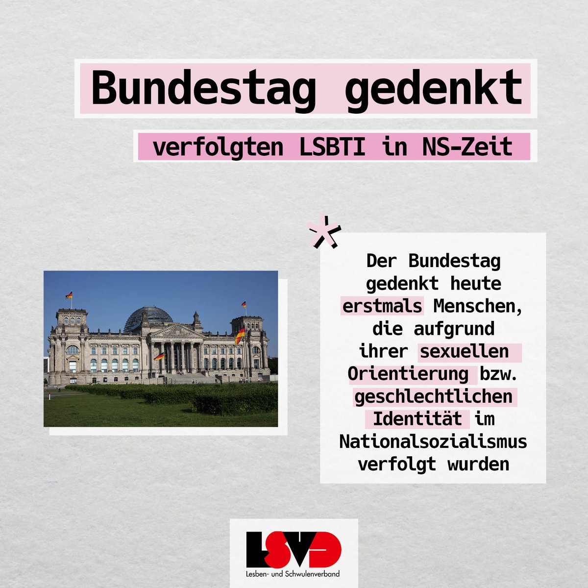 lsvd's tweet photo. #WeRemember Heute gedenkt der Bundestag erstmals derjenigen, die wegen ihrer sexuellen Orientierung/geschlechtlichen Identität im Nationalsozialismus verfolgt wurden. Auf diese Anerkennung und das öffentliche Gedenken haben wir seit über 20 Jahren gewartet https://t.co/39EUagEsa8 https://t.co/U0Mcr5ZtgK