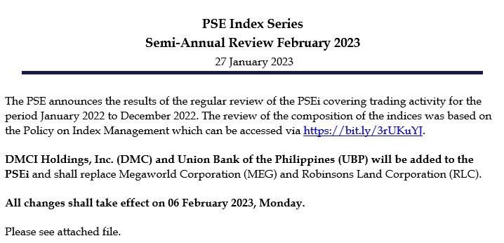 AprilLeeTan's tweet photo. PSEi member changes:
Additions: DMC, UBP    Removals: RLC, MEG https://t.co/KZ5s64iREn