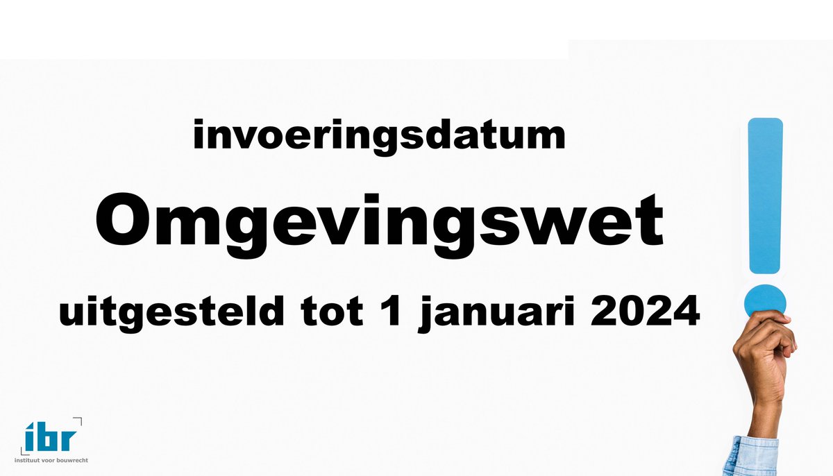 Niet geheel onverwachts heeft minister De Jonge laten weten de #Omgevingwet pas per 1 januari 2024 te laten ingaan. Nog 11 maanden om je kennis op dit terrein te verbreden. Voor ons onderwijsprogramma, zie: ibr.nl/onderwijs/.
