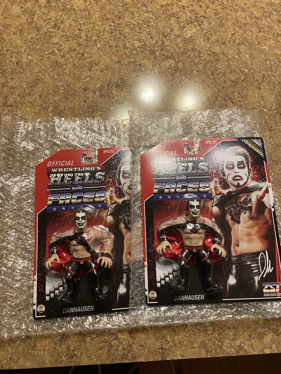 RefLarryPeace's tweet photo. My @DanhausenAD figs arrived 2 days ago. Sent these pics to my eleven year old son and he’s so excited to add Danhausen to our Hasbro/Retro fig federation. The accessories are 🔥🔥🔥 Zombie Sailor knocked it out of the park!✌🏻#KeepingThePeace #VeryEvil #VeryPeaceful https://t.co/goNyBdYaE2