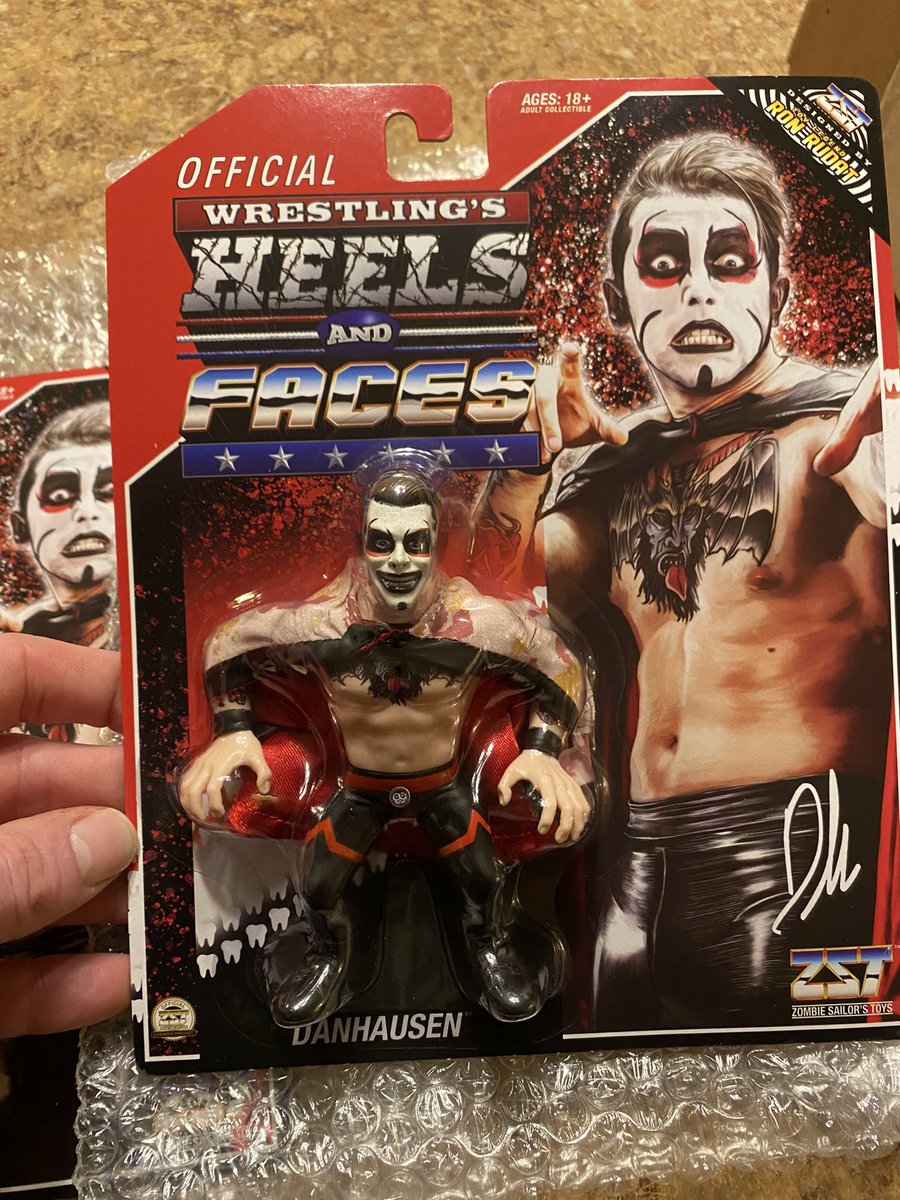 RefLarryPeace's tweet photo. My @DanhausenAD figs arrived 2 days ago. Sent these pics to my eleven year old son and he’s so excited to add Danhausen to our Hasbro/Retro fig federation. The accessories are 🔥🔥🔥 Zombie Sailor knocked it out of the park!✌🏻#KeepingThePeace #VeryEvil #VeryPeaceful https://t.co/goNyBdYaE2